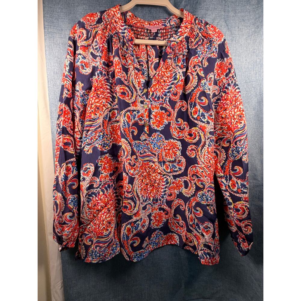 Lilly Pulitzer 100% Silk Paisley Peasant Blouse Women’s Medium Boho Pink Blue - Picture 3 of 7